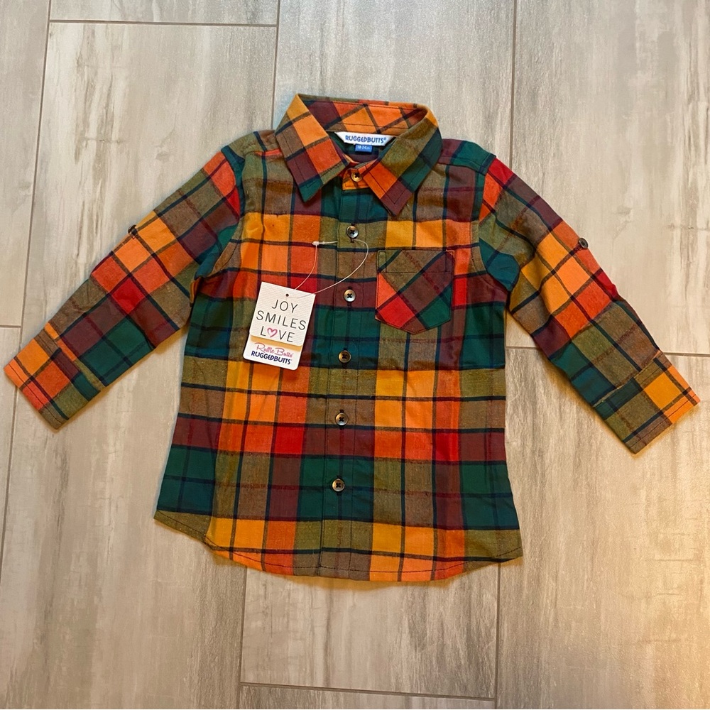 NWT RuggedButts Essentials Autumn Plaid Long Sleeve Button Down Shirt Boy 18-24M